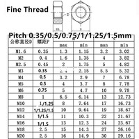 Fine Thread Hex Hexagon Nut 20-2Pcs M3 M4 M5 M6 M8 M10 M12 M14 M16 Pitch 0.35 0.5 0.75 1 1.25 1.5mm 304 A2-70 Stainless Steel