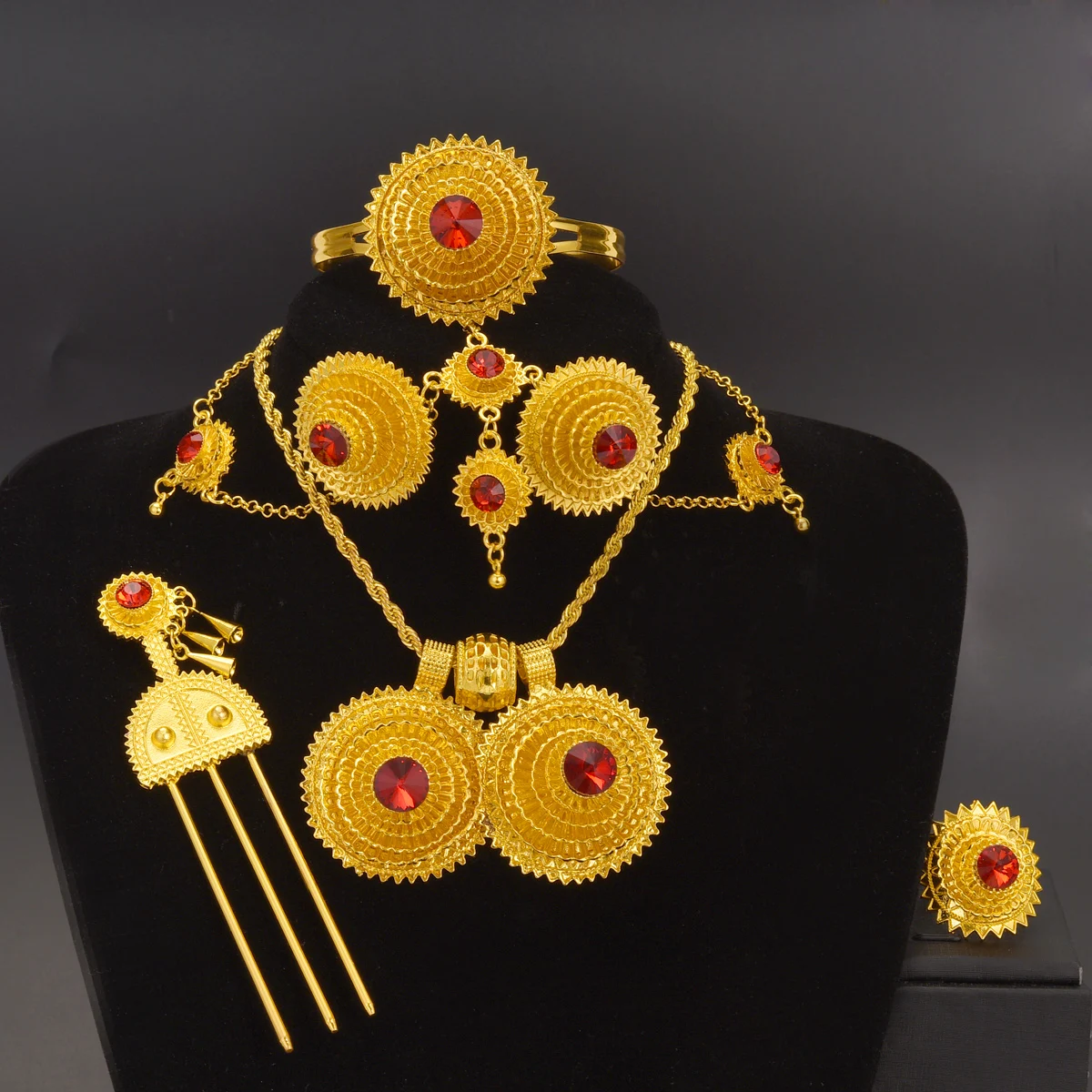 

Ethiopian Gold Color Ethnic Jewelry sets Necklace Pendant Earrings Ring Bracelet Hairpin African Eritrean Wedding bridal Gift