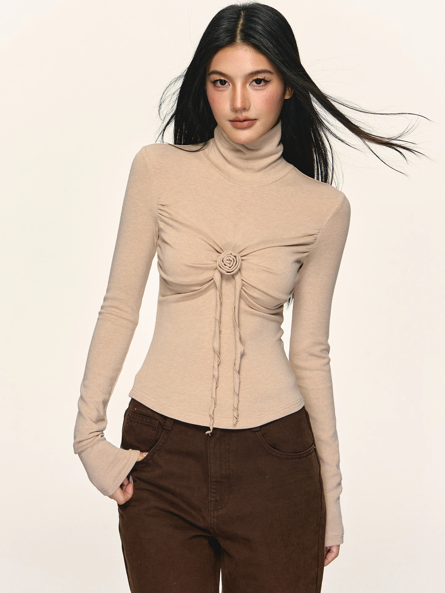 

Anna Aneae женская облегающая футболка с длинным светом и высоким воротником, внутренняя одежда, основание, весенне-осенний дизайн, повседневная одежда с цветочным принтом