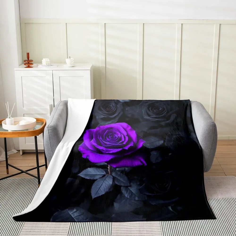 

Фиолетовое и черное фланелевое флисовое одеяло с рисунком розы королевского размера, 90x90 дюймов, всесезонный садовый цветочный дизайн