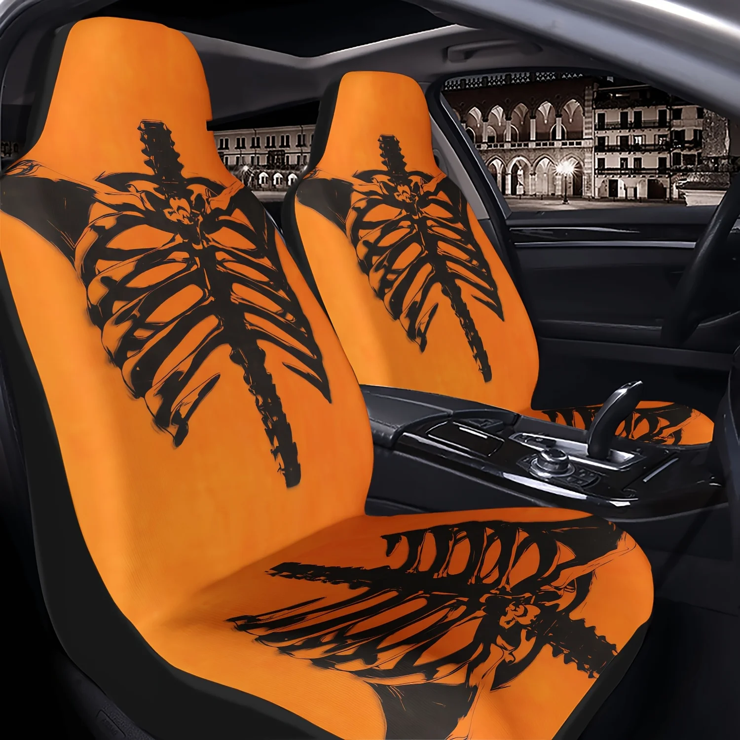 1pc Black Sternum Silhouette Themed Pattern Car Seat Cover with 2D Print on an Orange Background, Easy to Install