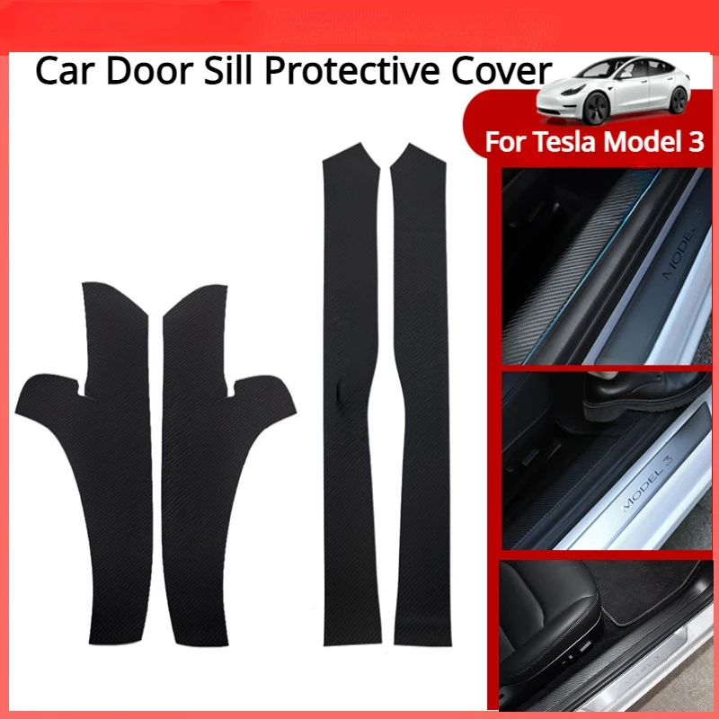 

Car Door Sill Protective Cover for Tesla Model 3 Welcome Pedal Sticker Threshold Strip Stickers PU Carbon Fiber Paste Pad 4pcs