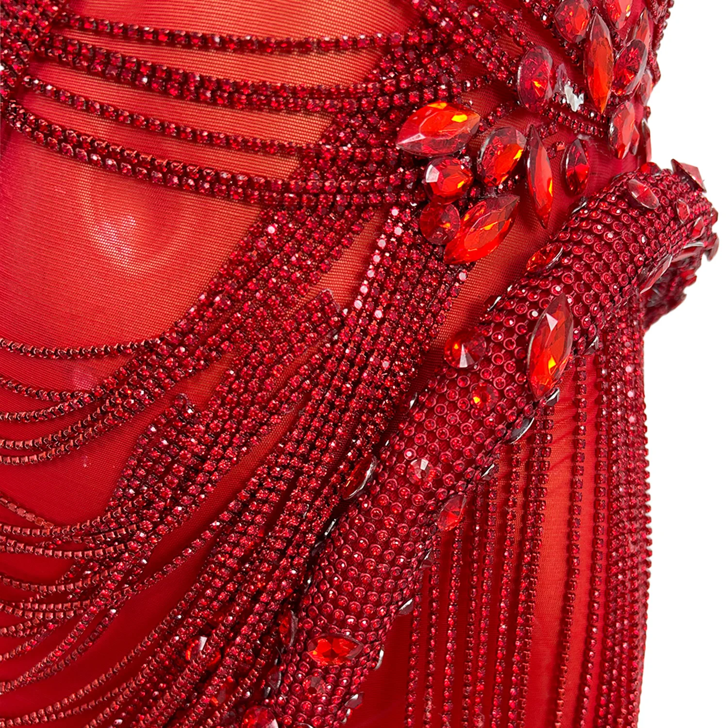 Women Red Rhinestones Chains Sexy See Through Photography Show Stage Wear Luxurious Celebrate Birthday Evening Prom Dress Luoli