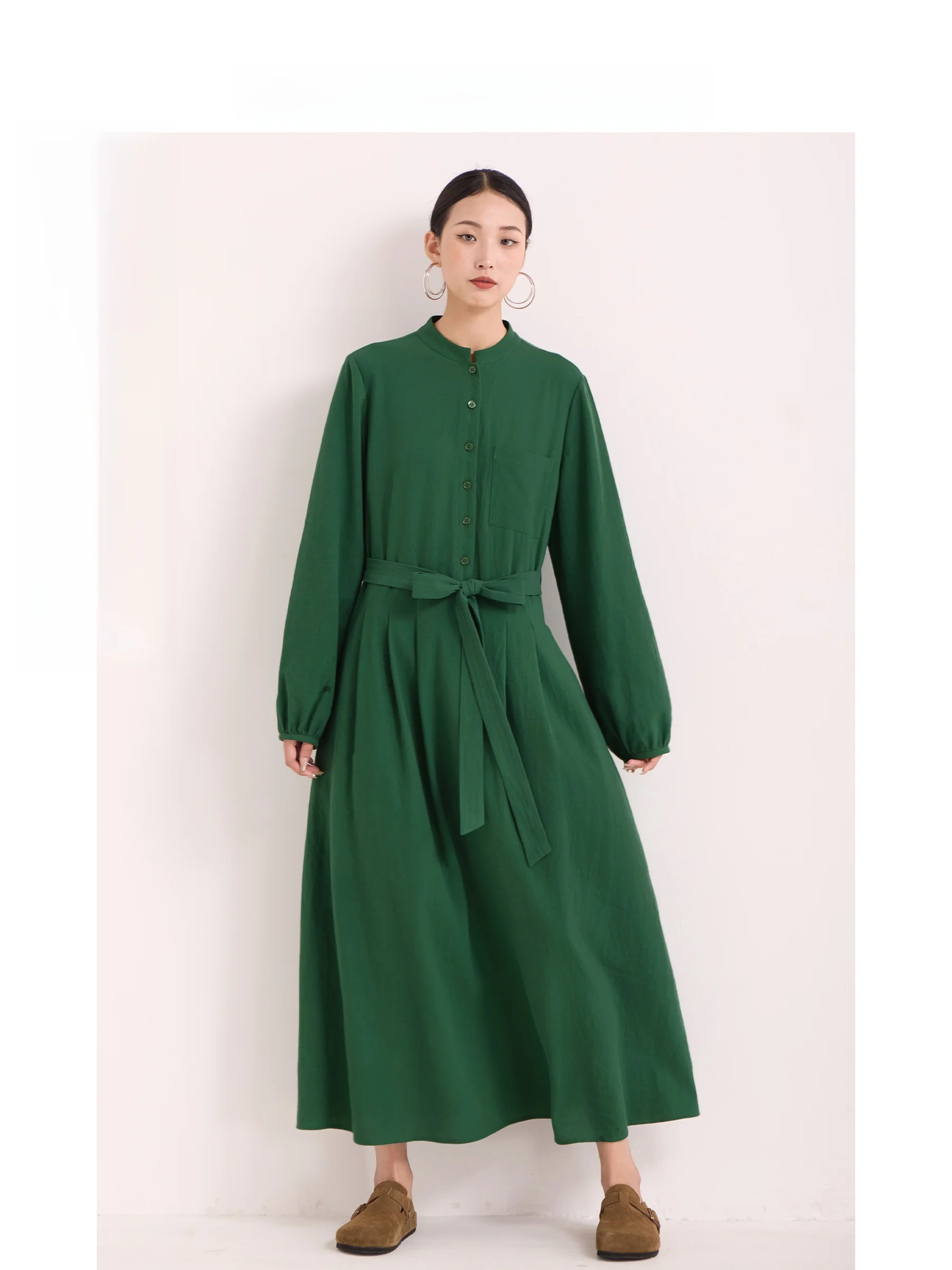 Retro Cotton Blend Long Dr with Stand Collar Loose Long Sve Waist Cinched Spring Autumn New Sle Women's Dr