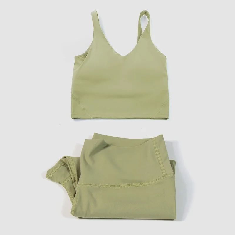 Women V-Neck Built-in Padded Sport Tank Top High Waist Naked Feel Leggings Stretch Gym Pilates Workout Fitness Activewear