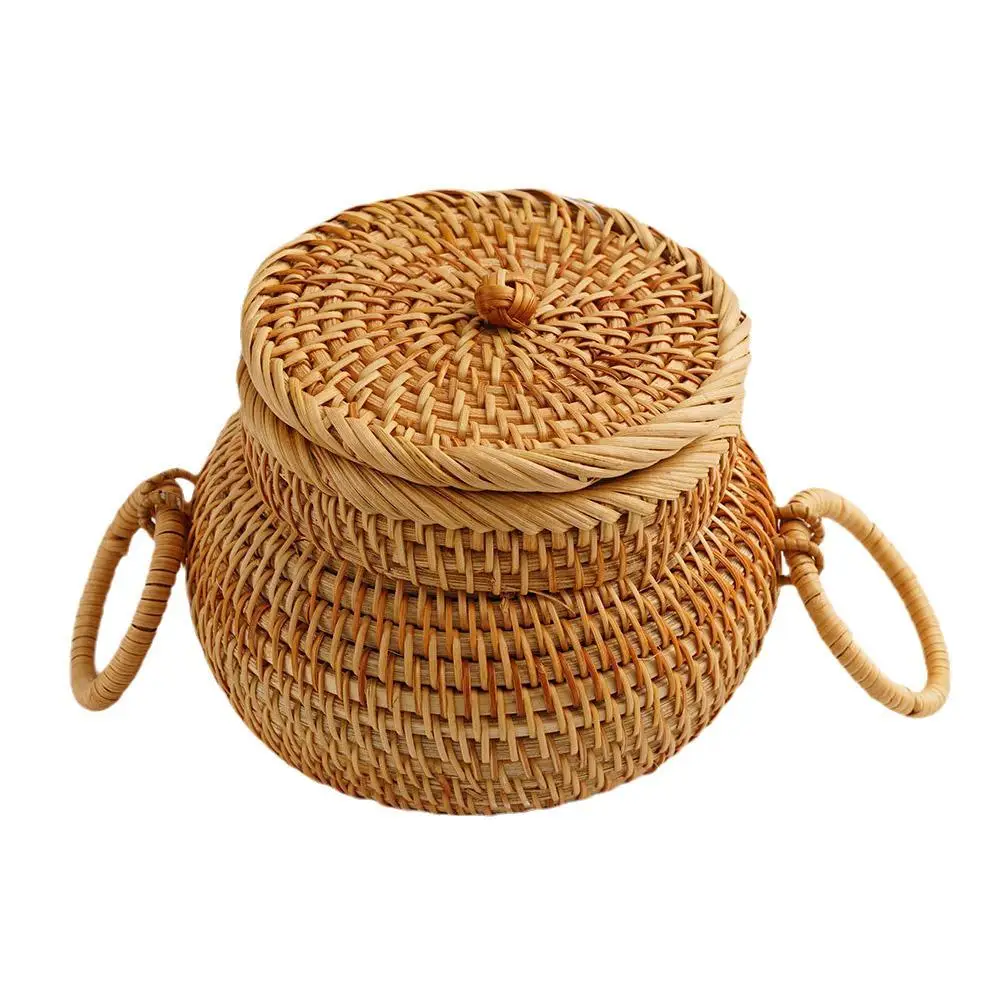 Round Rattan Box With Lid Hand-Woven Multi-Purpose Wicker Storage Desktop Bread Decoration Food Basket Storage Picnic Tray Q4R4