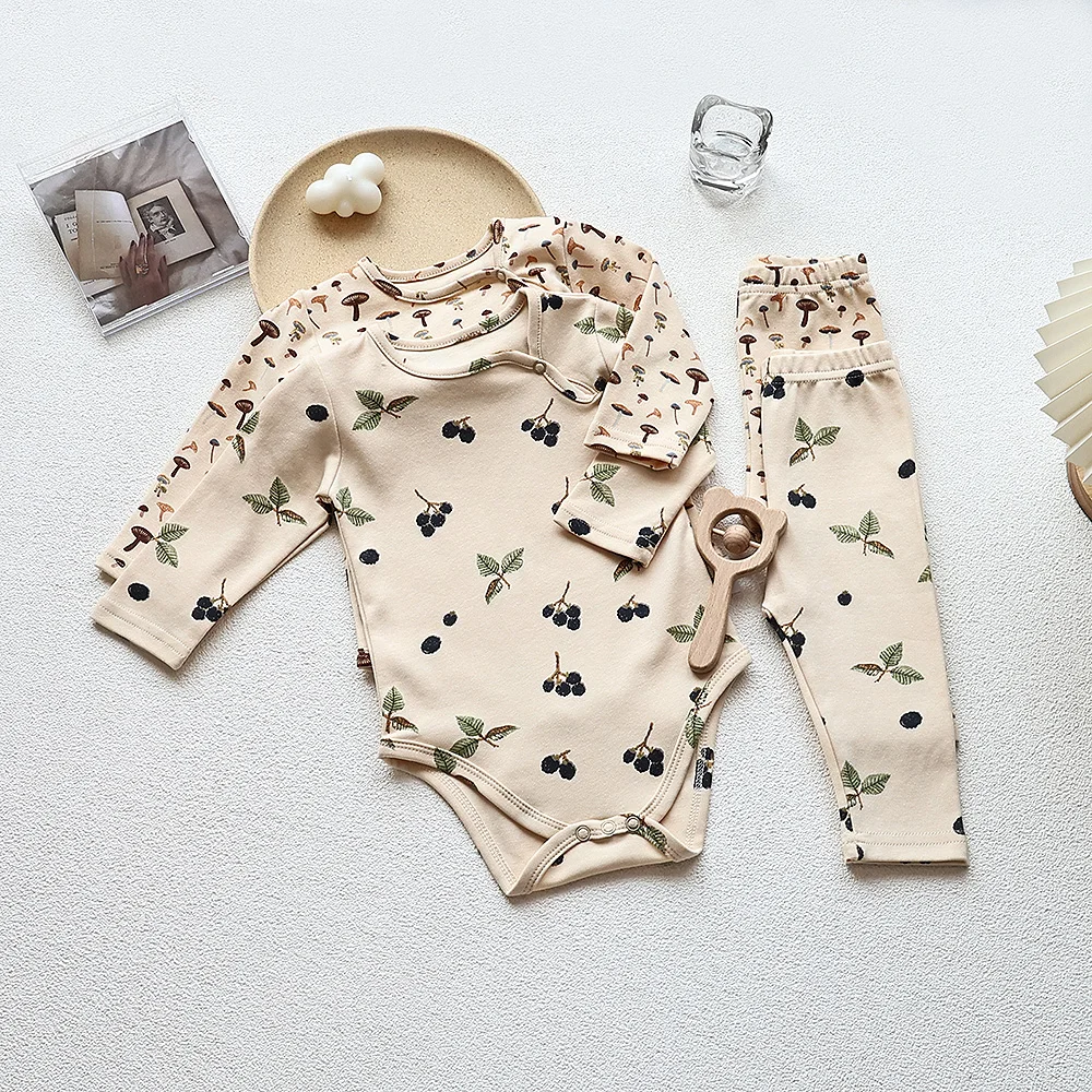 MILANCEL Autumn New Baby Clothing set  Mushroom Print Baby Boys Bodysuit Pants And Hat  3 Pcs Suit