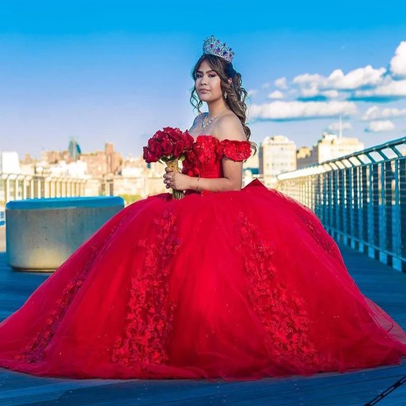 Abito da ballo rosso iridescente abiti Quinceanera con applicazioni 3D Sexy paillettes Big Bow Princess Formal Party Vestidos De 15 aecos