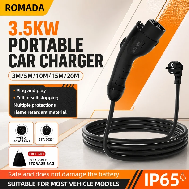 ROMADA EV Portable 3.5KW 16A EV Charger 3M-20M Extendable Cable GB/T20234 EVSE EU Plug Wallbox Adapter for Electric Vehicles
