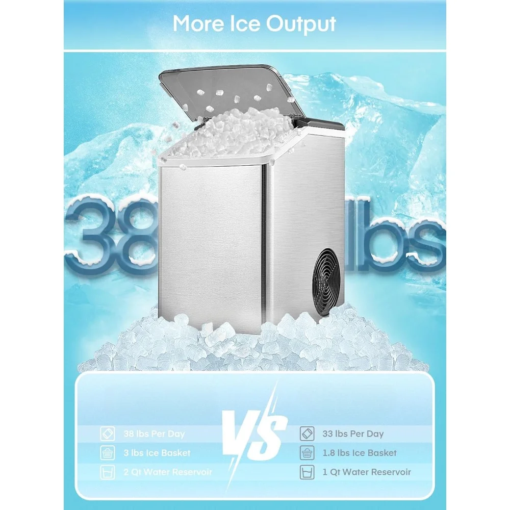 HAOYUNMA Self-Cleaning Nugget Ice Maker, bancada Pellet Ice Cubes, máquina inoxidável com gelo esmagado, inoxidável, 38lbs, 24H