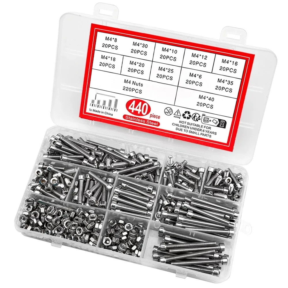 440PCS Rvs Cup Hoofd Schroeven M4 Inbusschroeven Platte Kop Schroeven Grensoverschrijdende Explosie Boxed