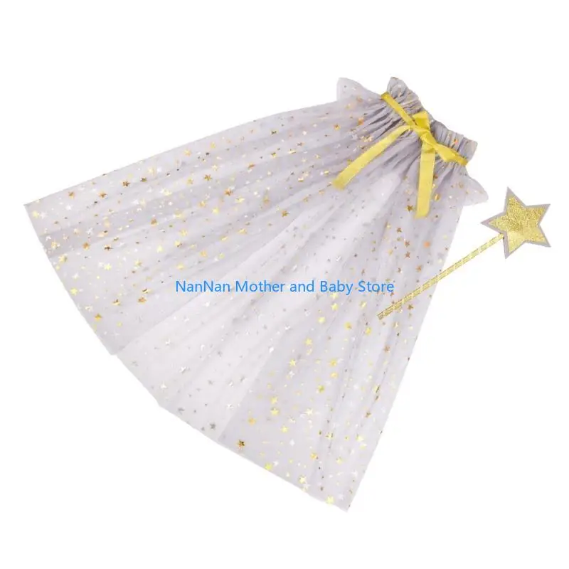 2Pcs Star Wand and Sheer for Kids Infants Girls Tulle Cloak & Star for Tale Parties and Pretend Play