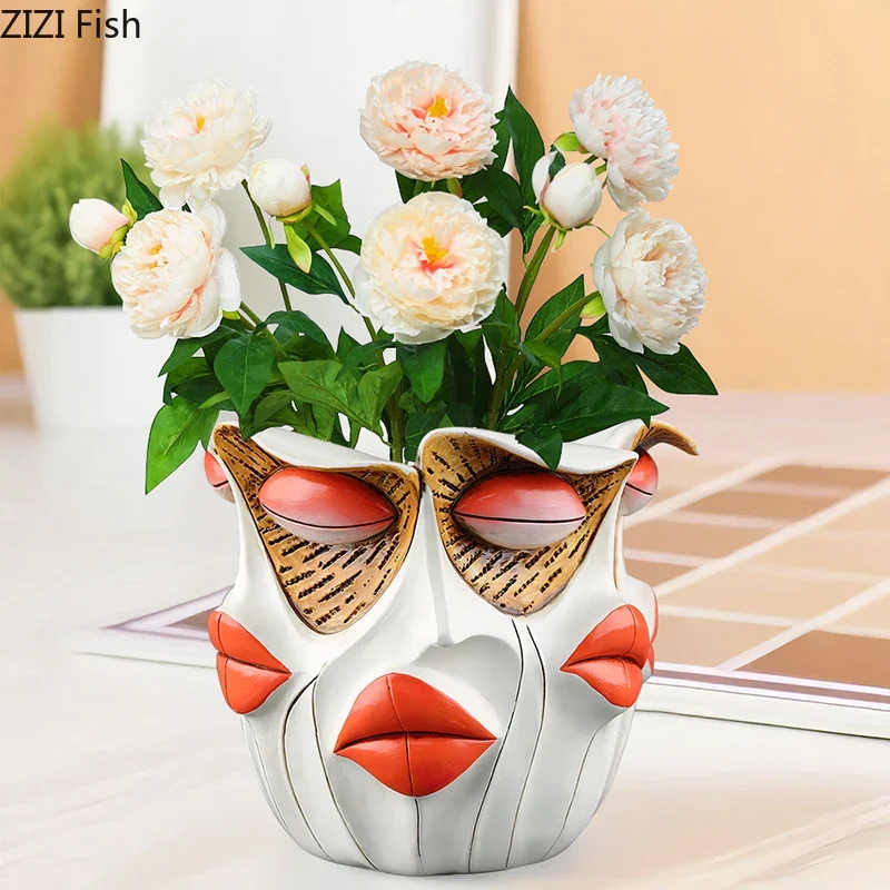 Red Lipped Human Face Vase Desk Decoration Flowers Arrangement Artificial Flower Decorative Floral Vases Room Aesthetic Decor