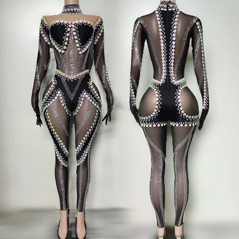 Glitter Sequin Long Sleeve Bodysuit Sexy Black Performance Clothes Singer Showgirl Stage Wear Gogo Nightclub Dance Costume 4308