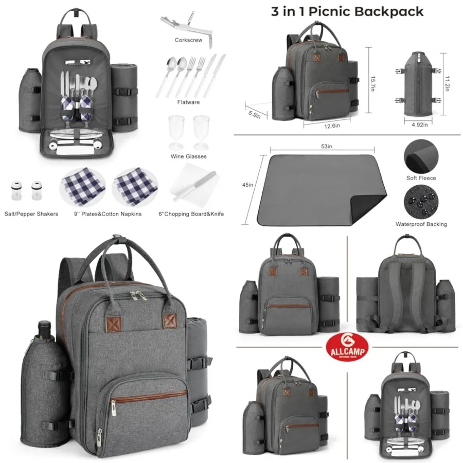 

ALLCAMP Picnic Backpack - Insulated Cooler Bag with Compartment, Detachable Wine Glass Holder, Throw Blanket Cutlery Set, Picni