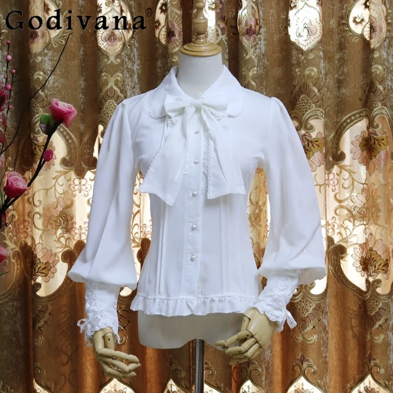 

Весенне-осенняя шифоновая блузка в стиле Лолиты в стиле ретро с воротником «Питер Пэн» для девочек, 2021, рубашка-фонарик с длинными рукавами, темпераментная нижняя рубашка
