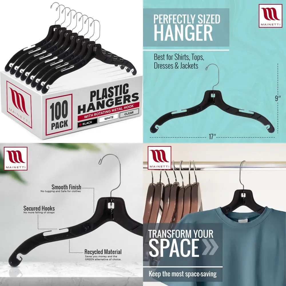 

Набор из 100 черных пластиковых вешалок длиной 17 дюймов с поворотным на 360 градусов крючком для рубашек, топов, платьев