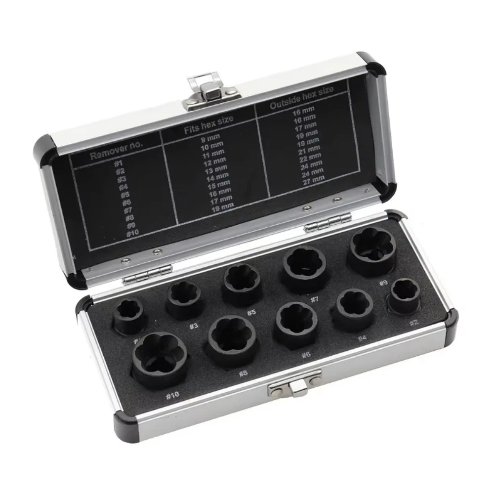 

Шестиугольный дизайн, съемник сломанных гаек, износостойкий высокопрочный инструмент для снятия винтов, многоразовый с набором экстракторов для болтов в алюминиевой коробке