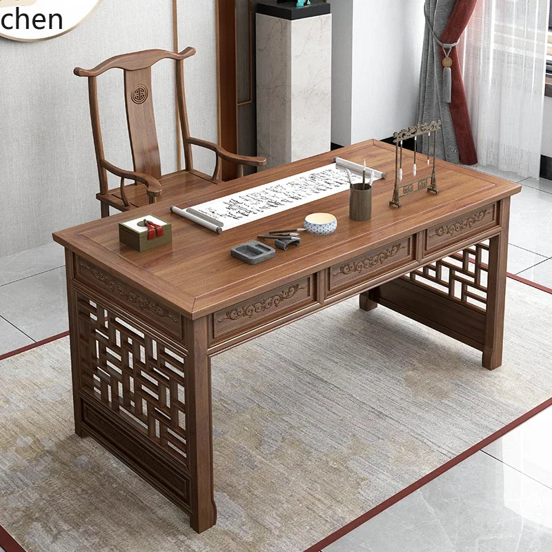 Biurko z litego drewna, chińskie rzeźbione biurko do pisania, stół do nauki, stół komputerowy z miejscem do przechowywania