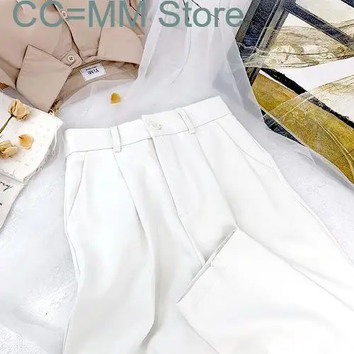 New Office Pants for Women Elastic Waist High Waisted Harem Pants Korean Style Trousers Streetwear Summer White Black