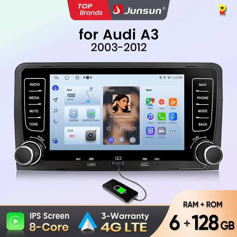 Autoradio Junsun 7 pouces pour Audi A3 8P S3 RS3 2003-2012, CarPlay, Android Auto, FM RDS, DSP, BT, GPS, Navi, SWC, écran tactile HD IPS, Plug & Play, lecteur multimédia, appels mains libres, style d'origine, unité centrale