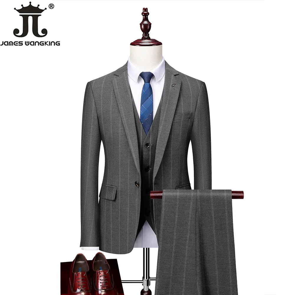 ( Jacket + Vest + Pants ) Luxury Boutique Striped Men\'s Formal Casual Business Office Suit Groom\'s Wedding Dress Plaid Suits