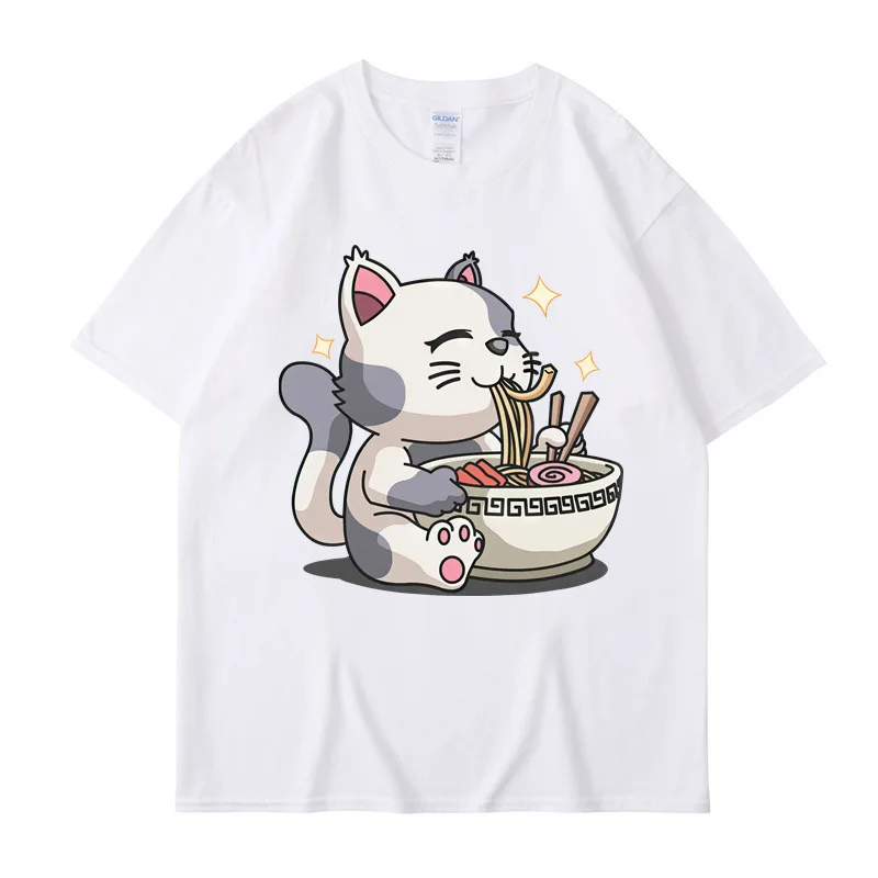 Cute Ramen Flavored Cat Print Women T-shirt Harajuku Summer Short-sleeved T Shirt Female Fashion Clothing Unisex Streetwear Tops