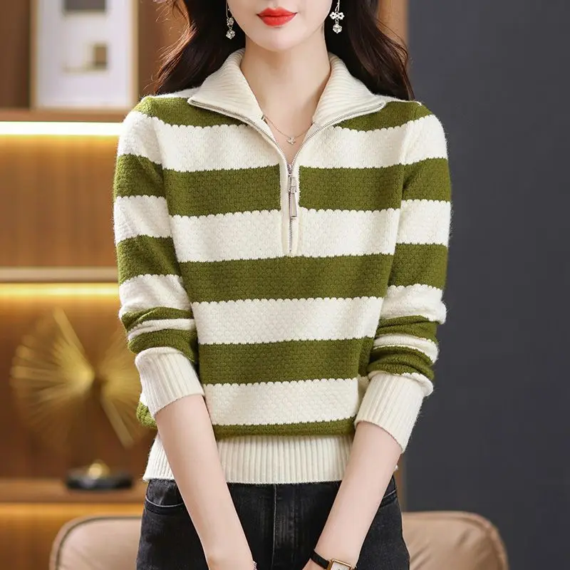 Large Semi Open Zipper Lapel Sweater for Autumn and Winter Casual Striped Top Loose and Belly Covering Knit Sweater