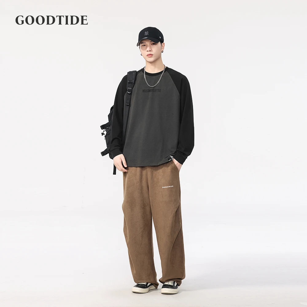Fashion Men's American Retro Top T-shirt 2025 Loose Round Neck Letter Embroidery Simple Versatile Long-sleeved Pullover