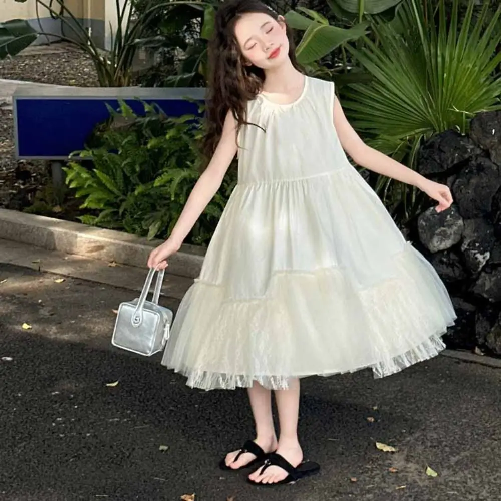 

Fashion Loose Girls Sleeveless Dress Pleated Lace Mesh Summer Kids Dresses Sweet Teenagers Children Princess Dress Party