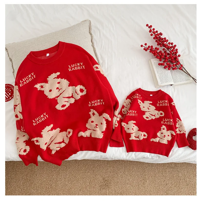 

2025 Red New Year Dad Mom Daughter Son Sweater Baby Romper for Family Christmas Embroidered Rabbit Matching Clothes Outfit
