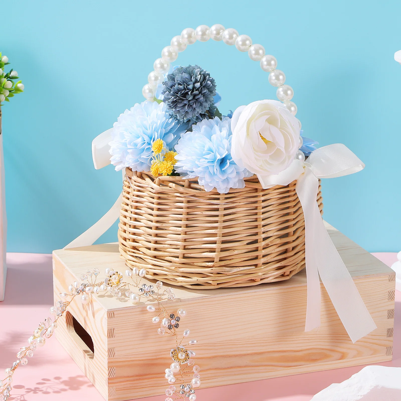 

Gift Basket Flower Girl Headpiece Elegant for Wedding Favor with Handle Baskets Empty