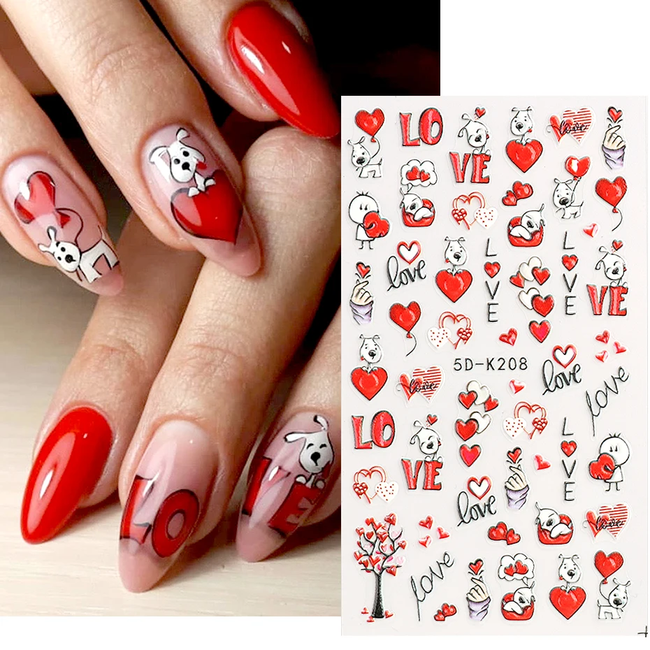 5D Red Valentines Day Nails Fabulous Heart Stickers Love Bears Rabbit Flowers Relief Sliders Sweet Days Manicure Decals #5D-K208