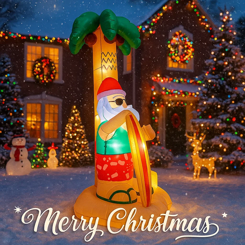 7.87FT Outdoor Holiday Decoration Inflatable Beach Santa Palm Tree Surfboard Toy Gift Xmas Ornament Yard Decoration Supplies LED