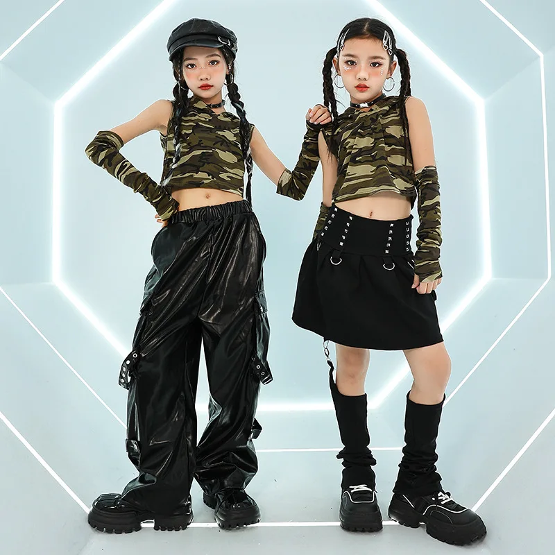 Girls Jazz Dance Performance Costume Hip Hop Kpop Stage Outfit Kids Fashion Clothes Camouflage Tank Top Black Pants Skirt DL1147