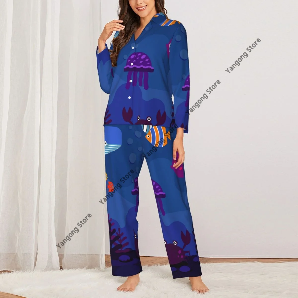 Women Sleepwear Loungewear Underwater World Sea Fish Aquarium Whale Long Sleeve Lapel Neck Shirt Elastic Waist Pants Pajamas Set