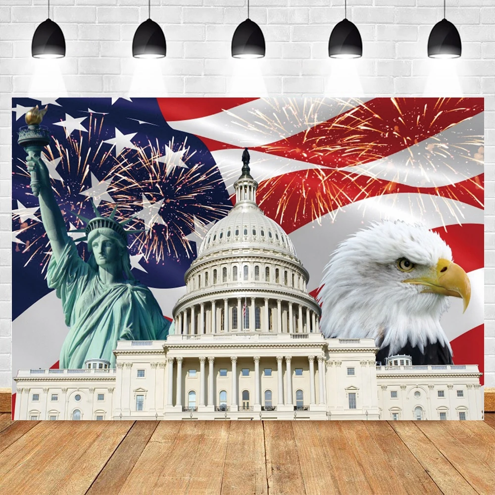 July 4th Independence Day Photography Backdrop Colorful Balloon Statue of Independence American Flag Photocall Photo Background