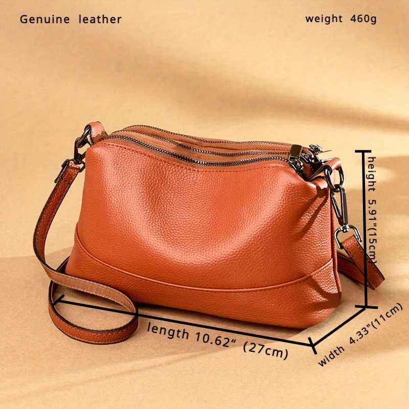 Tas Bahu Kulit Asli untuk Wanita, Dompet Selempang Kapasitas Besar dengan Tas Messenger Warna Solid Ritsleting Multi-Lapisan