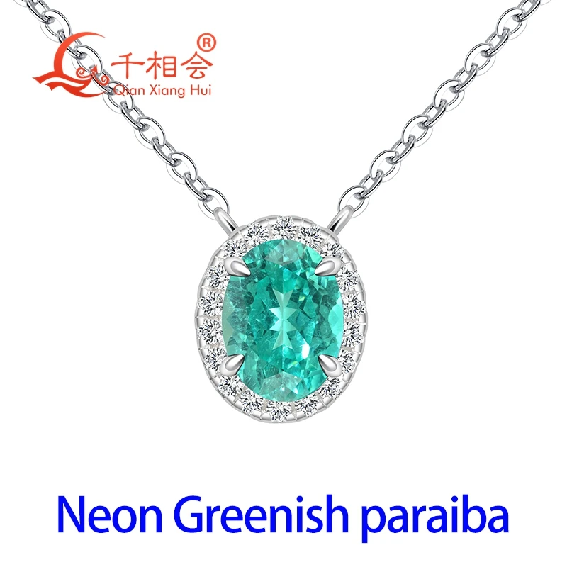6x8mm 8x10mm oval S925 Sterling Silver YAG Created Neon Blue/Green Paraiba with Moissanite Halo Pendant Necklace Jewelry Women view 2