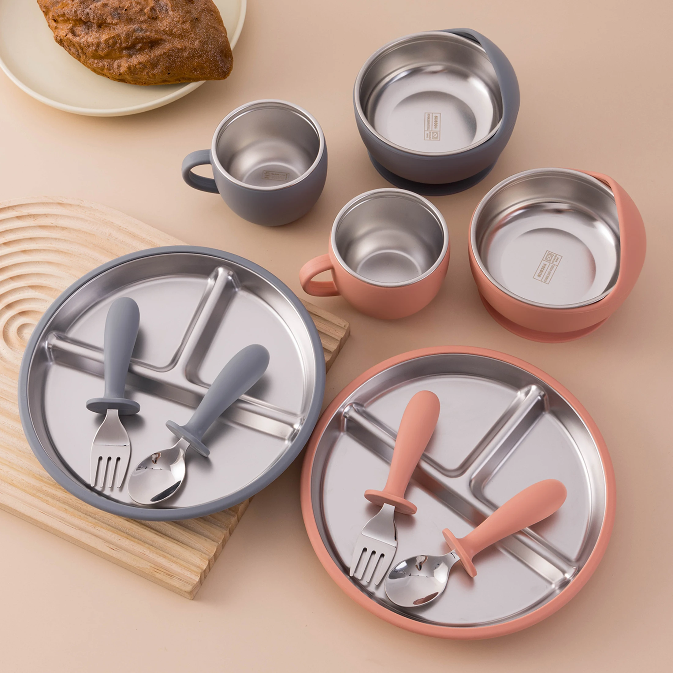 5PCS Stainless Steel & Silicone Baby Feeding Set Detachable Dishes Plate BPA Free Infant Training Fork Spoon Bowl Cup Gifts