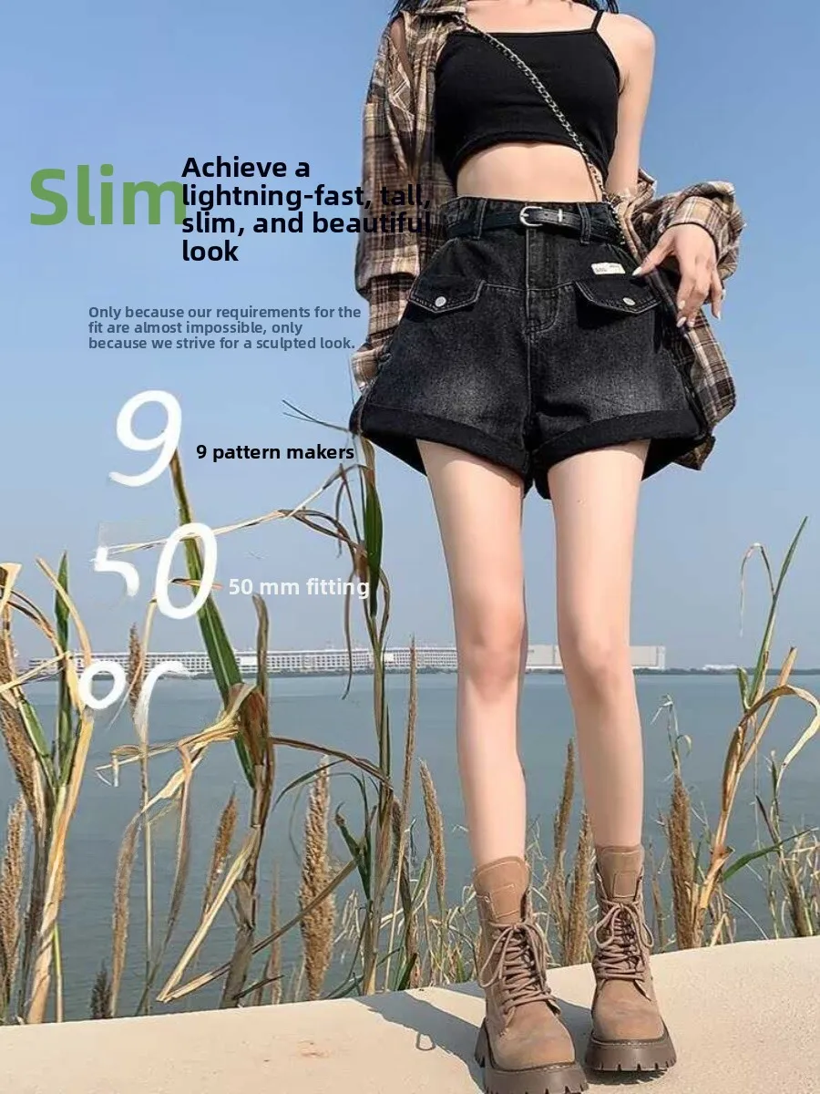 الرجعية الأمريكية البالية نظرة الدنيم orts المرأة الصيف حجم كبير تصميم الإحساس حار عالية الخصر سليم واسعة الساق السراويل #4