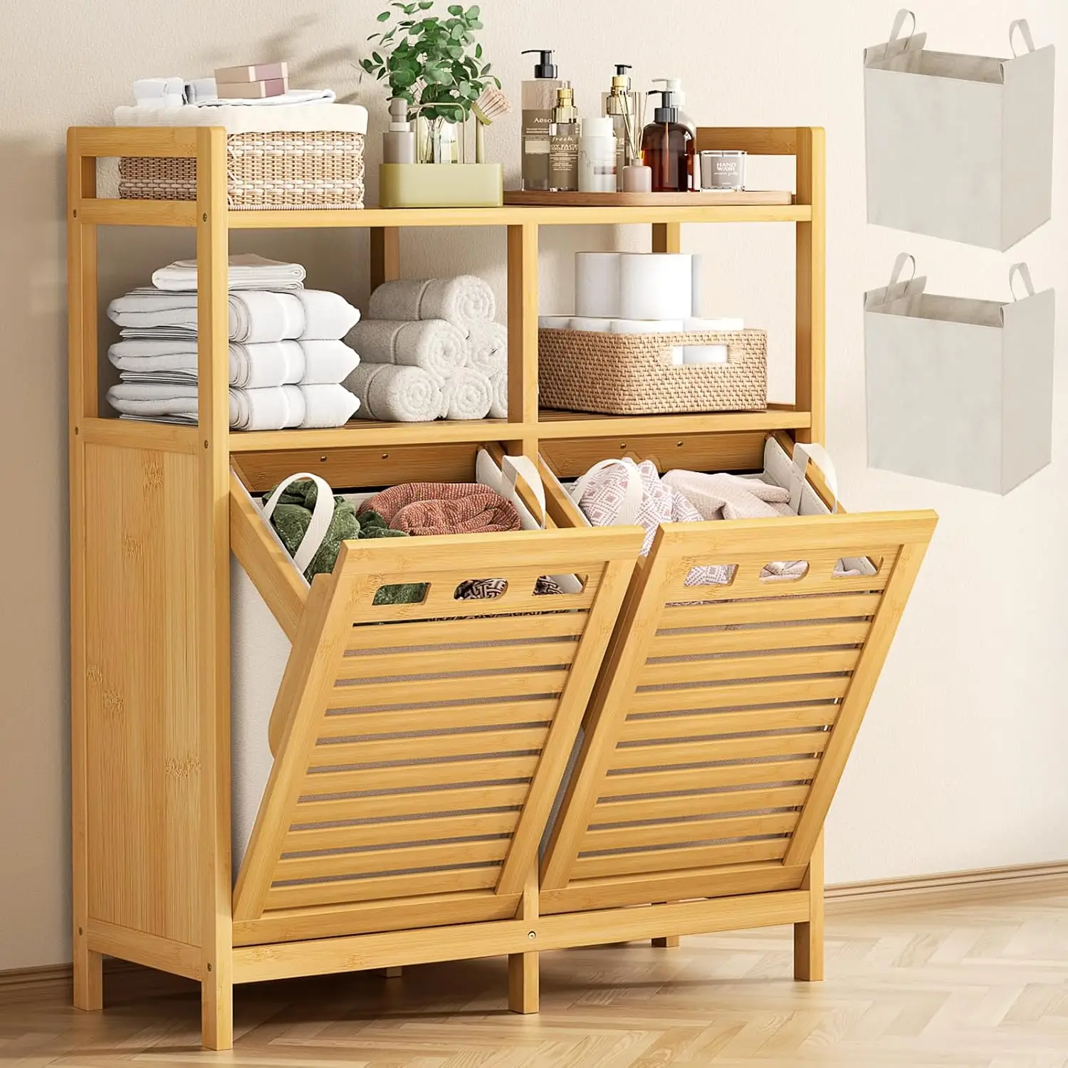 Tilt Out Bamboo Double Laundry Hamper Storage Cabinet with 2 Removable Baskets, 20 Gallon Clothes Sorter Organizer with Top Shelf for Bathroom Laundry Room Natural Wood Tone