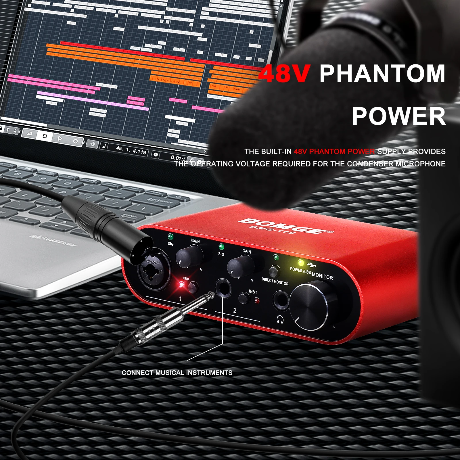 BOMGE, antarmuka audio USB 1 s - Studio Audio Interface With 48V Phantom ulasan dan harga