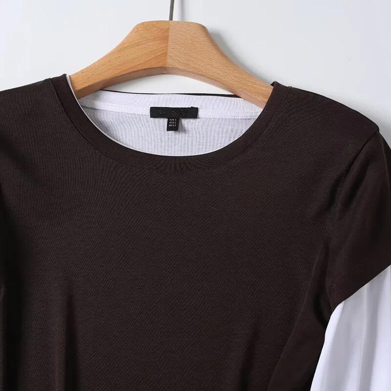 Maxdutti Vintage Tops Korean Popular Women's Clothes Minimalist Contrast Color Cotton Fake Two-piece Knitted T-shirt Women