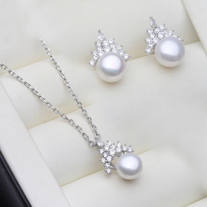 

Real Natural Freshwater Pearl Necklace Earrings Set For Women,Trend 925 Sterling Silver Pearl Jewelry Set Mother Wife Gift White