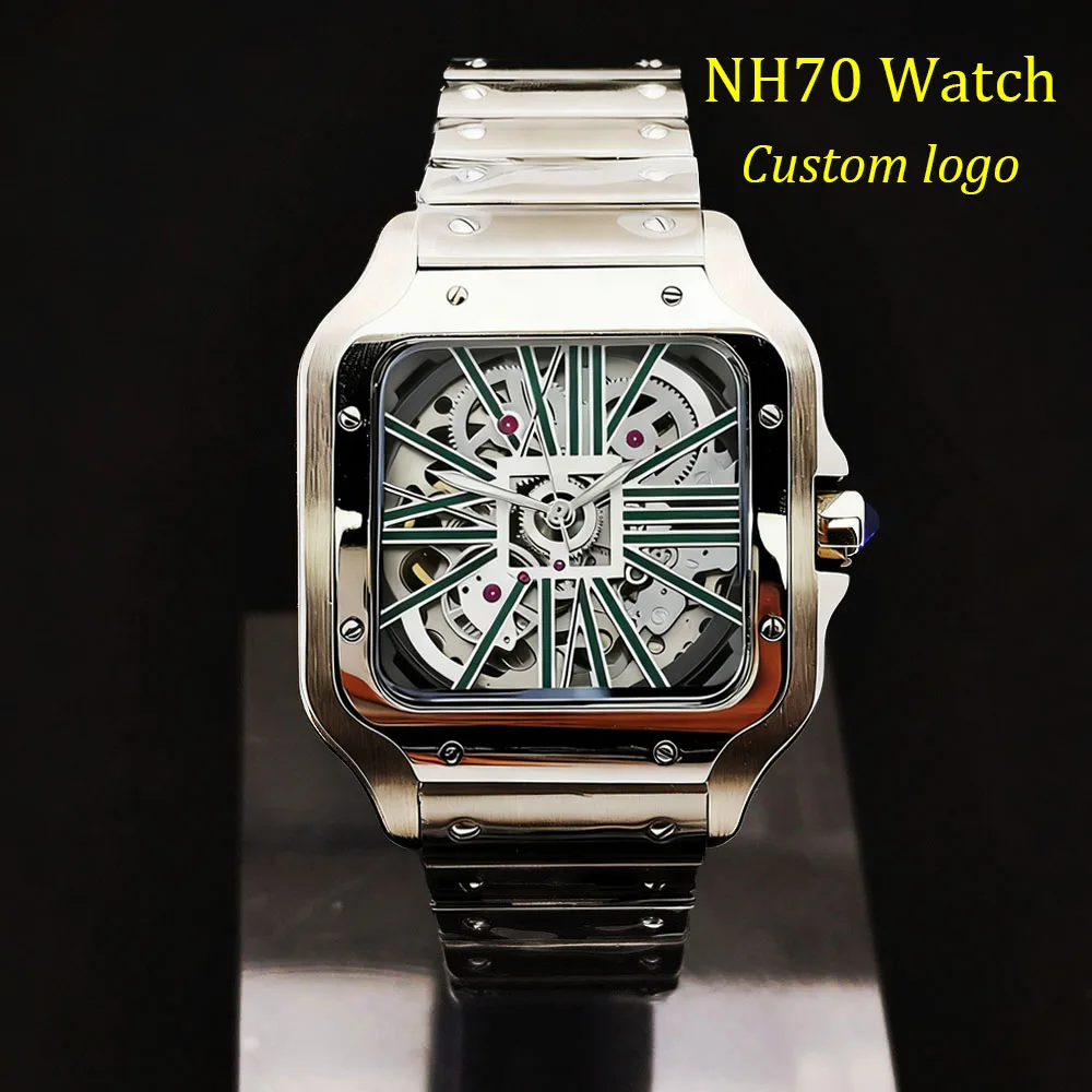 38mm square dial custom logo hollow Roman dial case folding buckle square case, suitable for NH70 movement