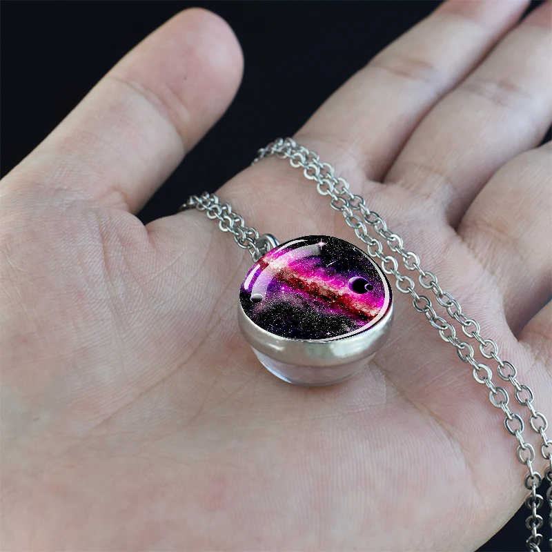 Planet Aurora Necklaces Color Nebula Star Moon Two-Side Glass Ball Pendant Necklace for Women Men Space Astronomy Jewelry Gift