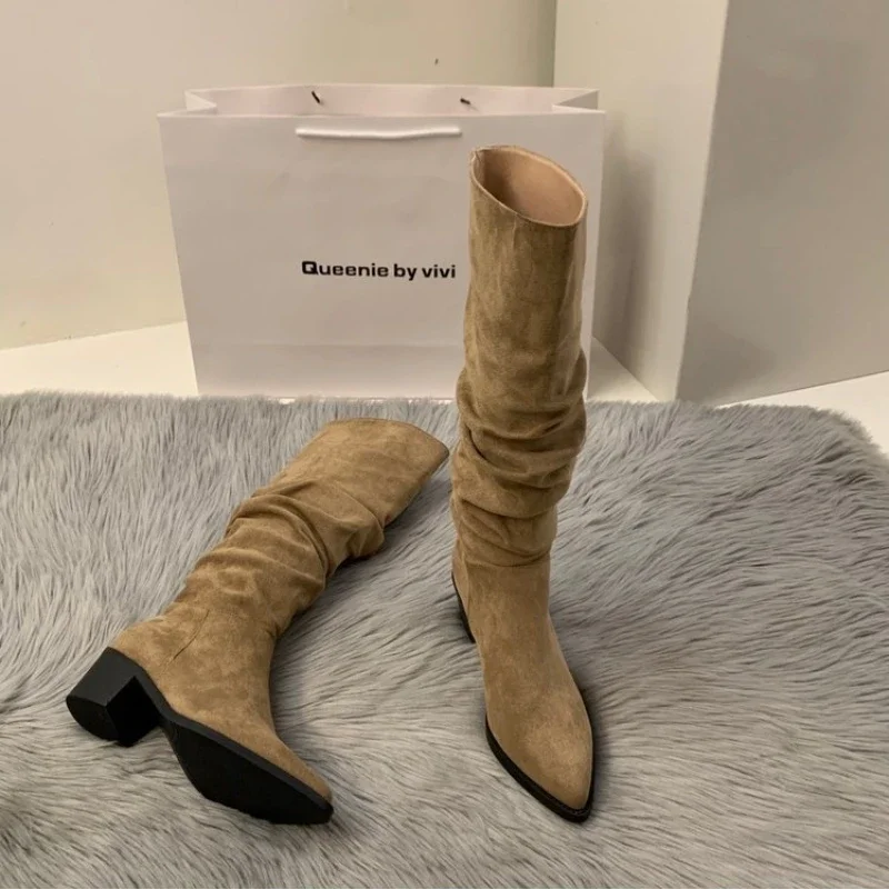 Winter Vintage Slimming Women's Boots Fleece-lined Knight Boots High Heel Women's Shoes Petite Khaki Long