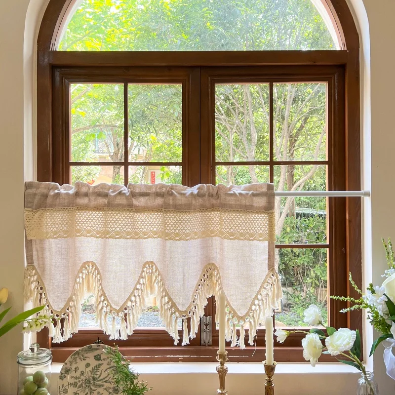 

Bohemian Wavy Tassel Small Window Curtains For Kitchen,Window Valance, Cafe Style Half Curtains, No Drill Tension Rod Curtains