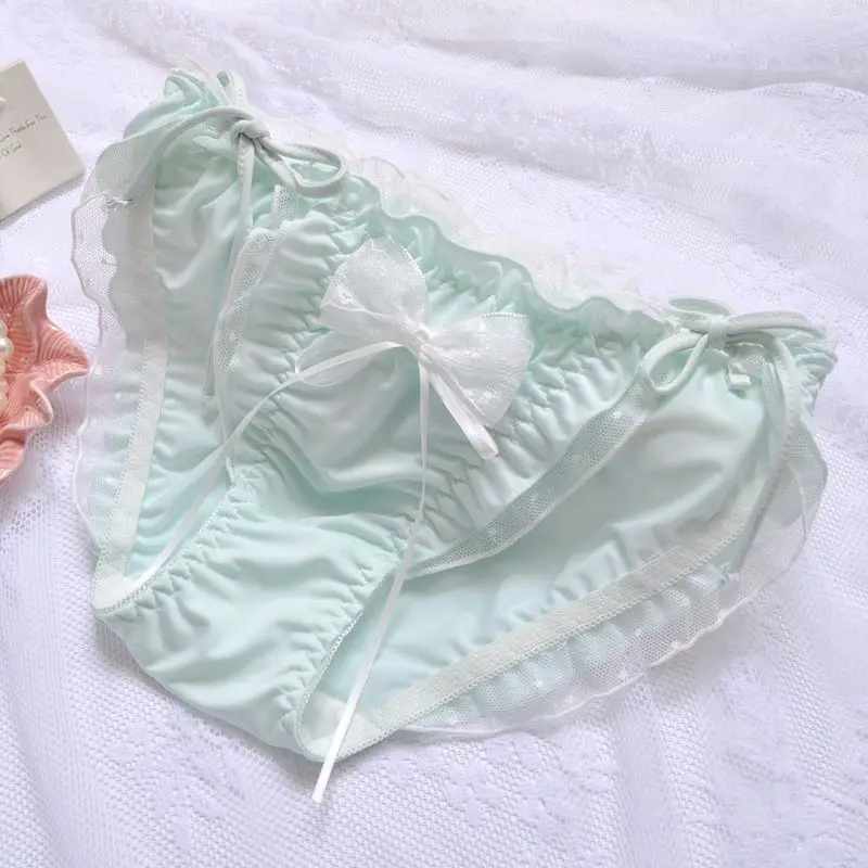 Japanese Princess Style Satin Ruffles Lacing Cute Lovely Sweety Bow Underwear High Elasticity Breathable Lolita Panties Breifs